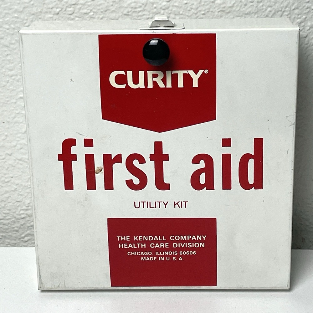 Vintage Curity Kendall First Aid Kit Metal Wall Mount Case w/ Supplies